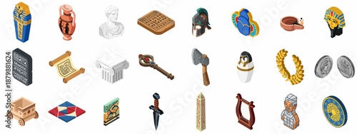 Ancient History Artifacts Isometric Icons Set: Collection of archaeological treasures, including Egyptian sarcophagi, Roman busts, Greek columns, and historical weapons.