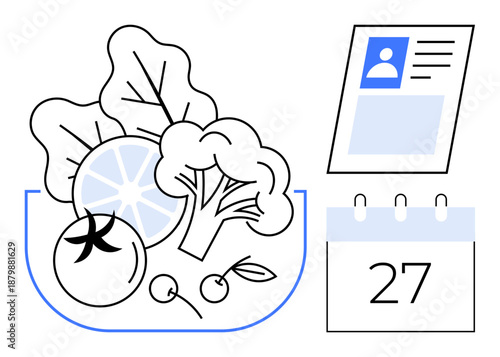Nutrition concept. Nutrition visuals combine fresh vegetables with dietary planning and scheduling tools. Nutrition for health tracking, meal organization, healthy eating, and wellness apps