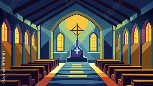 Serene church interior with stained glass windows Vector