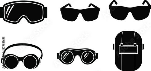 Protective eyewear. Safety goggles, ski goggles, and virtual reality (VR) glasses. 