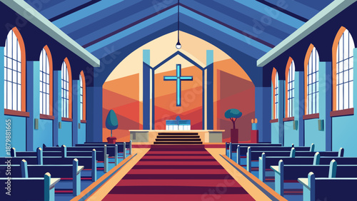 Serene church interior with stained glass windows Vector