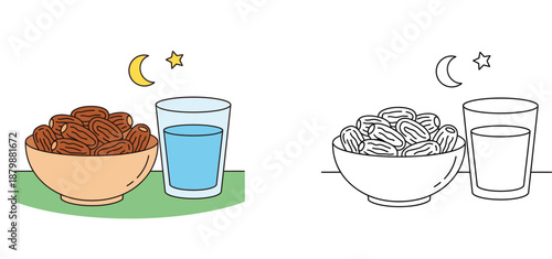 Ramadan Iftar food vector illustration set featuring a bowl of dates, glass of water, crescent moon and star in color and black and white outline for coloring page or icon use.