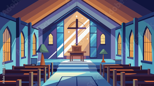 Serene church interior with sunlight Vector