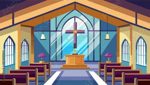 Serene church interior with stained glass windows Vector