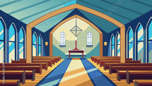 Serene church interior with stained glass windows Vector