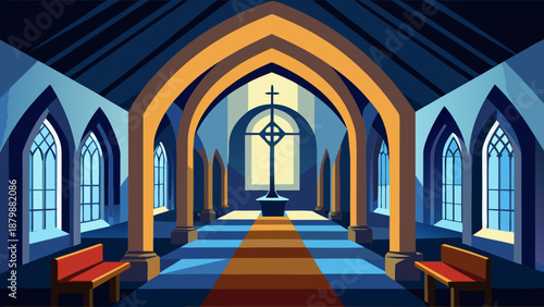 Serene church interior with arched windows Vector