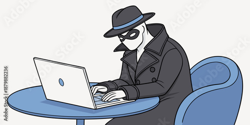 Cyber hacker or spy in disguise working on a laptop