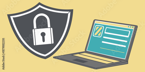 Laptop computer with a security shield and padlock icon