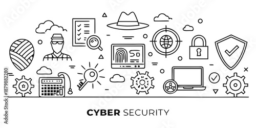 Cyber Security Linear Vector Banner Illustration