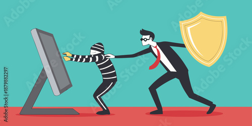 Cybersecurity Concept: Businessman with Shield Stopping a Hacker