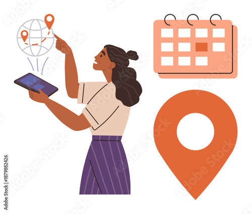 Travel planning, navigation, scheduling, itinerary management, online booking, time organization. Woman pointing to map, holding tablet with calendar and geo pin. Travel planning and navigation