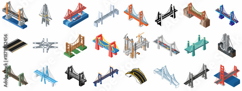 Diverse set of isometric bridge icons and infrastructure elements, illustrating various construction types, engineering, and transport systems.