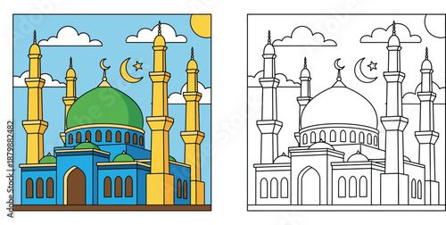 Mosque coloring page vector illustration. Islamic masjid building with green dome and minarets. Cartoon coloring book line art and colored version for Ramadan Kareem or Eid greeting card design.