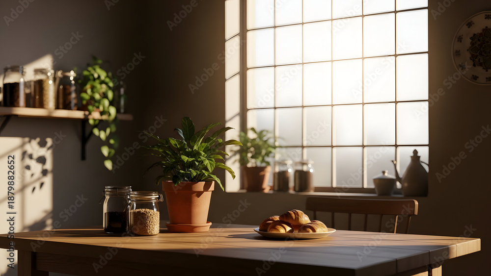 Fototapeta premium Cozy kitchen interior with natural light and plants on a wooden table