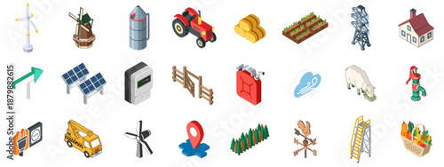 Isometric farm and agriculture icons set, featuring energy, rural living, crops, livestock, and machinery elements isolated on white background.