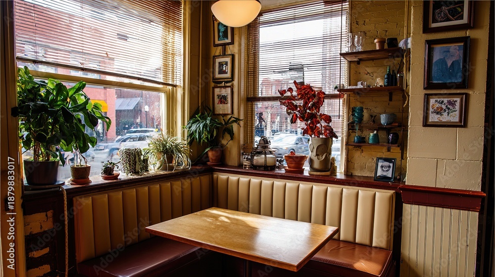 Fototapeta premium tennessine. A cozy cafe corner with a U-shaped banquette and soft natural light. real-estate listings, architecture portfolios, designed for interior renovation comparisons for interiors.