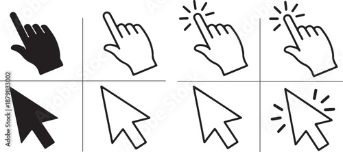 Click cursor and mouse pointer icon collection with arrow cursor, hand click symbols and loading icon, vector set eps