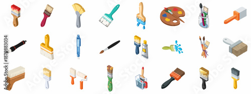 Isometric Icon Set of Painting Brushes and Art Tools including Rollers, Palette, and Supplies for Creative Projects or Home Renovation.