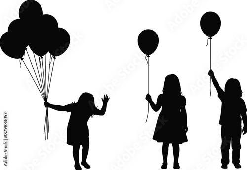 Black silhouette of happy children holding balloons and playing together isolated on white background for party celebration joy childhood and fun conceptual vector