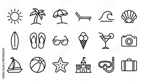 Minimalist beach and summer vacation line icons set. Outline travel symbols collection with sun, palm tree, umbrella, cocktail, surfboard, starfish, flip flops, ice cream, camera, and sandcastle.