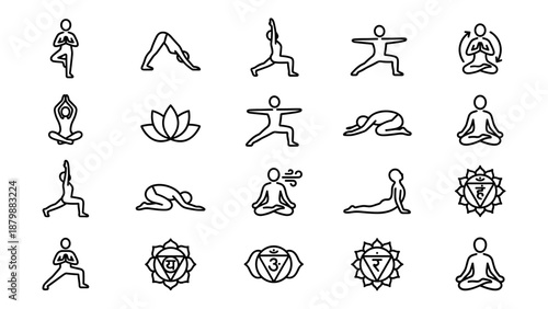 Yoga poses and meditation line icons set. Minimalist vector style with uniform stroke width. Collection of 20 yoga asana symbols, chakras, pranayama, lotus flower, and mindfulness illustrations.