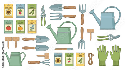 Gardening tools and seed packet set for spring planting. Knolling layout with hand trowels, rakes, watering cans, gloves, twine, pruners, and vegetable and flower seeds isolated on white background.