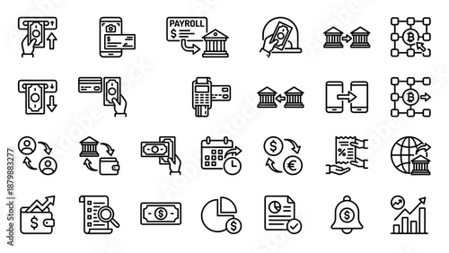 Fintech banking line icons set. Financial transaction symbols for deposit, withdrawal, mobile payment, cryptocurrency, online banking, transfer, payroll, and investment analytics concepts.
