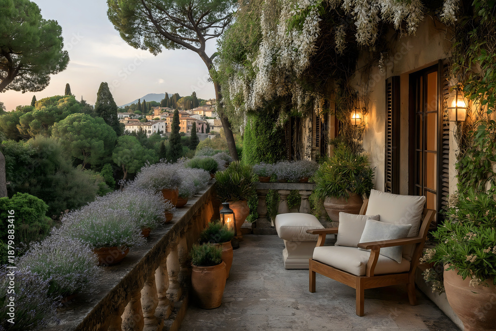 Fototapeta premium Mediterranean terrace at sunset with lavender in terracotta pots comfortable wooden armchair and scenic view of a French provincial village.