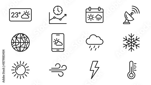 Weather app line icons set. Meteorology symbols collection. Climate forecast UI elements. Widget, hourly prediction, weekly calendar, radar, global map. Outline vector graphic design.