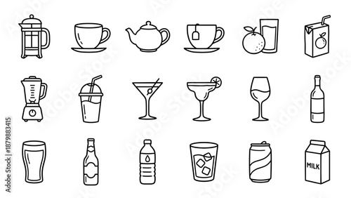 Beverage line icons set. Drink symbols collection. Coffee tea juice cocktail wine beer alcohol water milk smoothie soda. Restaurant cafe bar menu vector. Linear outline art design.