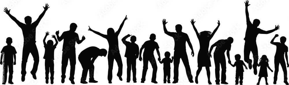 Obraz premium Black silhouette of a large group of diverse people jumping and celebrating together isolated on white background for success joy and community concept