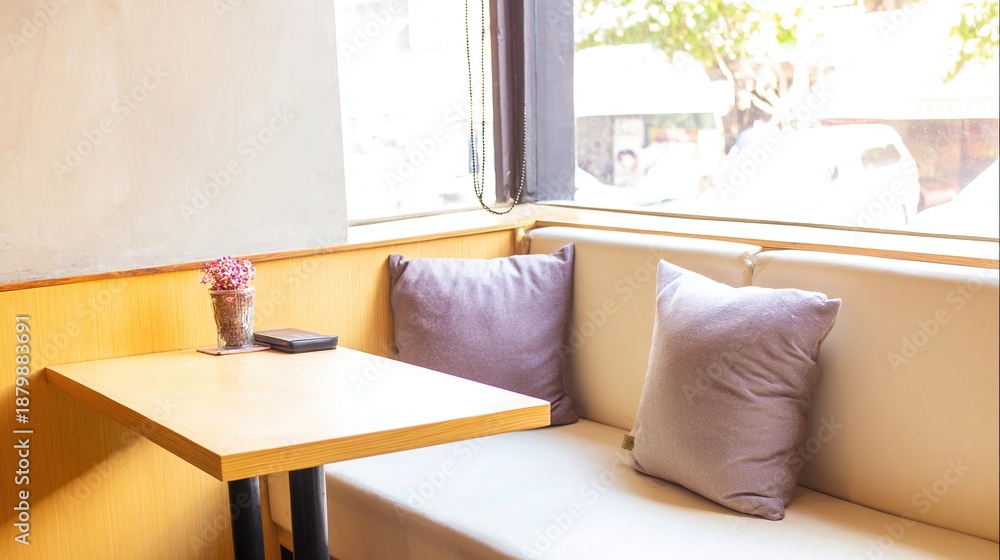 Fototapeta premium tennessine. A cozy cafe corner with a U-shaped banquette and soft natural light. real-estate listings, architecture portfolios, designed for interior renovation comparisons for interiors.