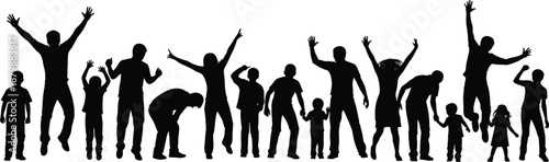 Black silhouette of a large group of diverse people jumping and celebrating together isolated on white background for success joy and community concept
