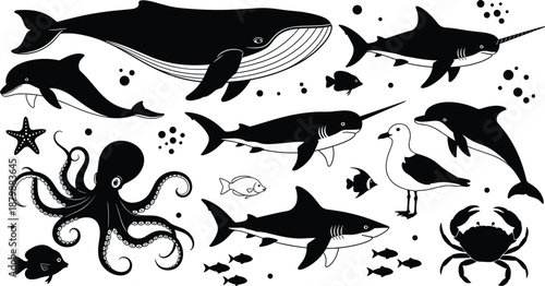 Marine Life Silhouette Collection Featuring Whale Shark Dolphin Octopus and Crab Icons for Nautical Nature Design Ocean Animal Vector Set for Aquatic Sea Graphics