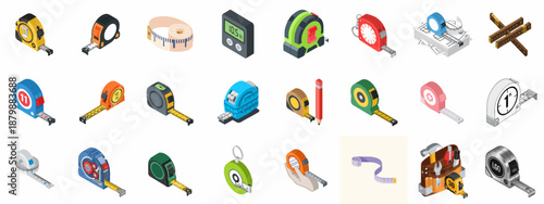Diverse Isometric Measuring Tape Icons Collection: Tools for Construction, Tailoring, Digital Measurement, Carpentry, and DIY Projects.