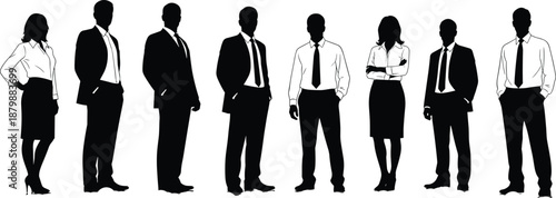 Professional business people silhouettes group standing in formal office attire set isolated on white background for corporate team and leadership concept design