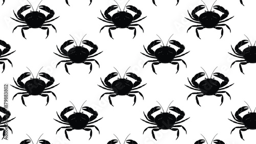 Seamless pattern of black crab silhouettes isolated on white background for marine life seafood restaurant menu wallpaper and nautical coastal design projects
