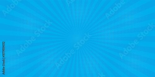 Comic background. Pop art texture. Starburst cartoon style. Anime design with explosion effect for print. Fun dot pattern. Blue backdrop with halftone gradient.