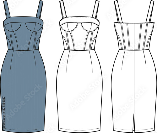 Women Corset Style Bodycon Midi Dress Technical Flat Sketch Template Featuring Bustier Bodice With Boning Detail Back Slit And Shoulder Straps Fashion CAD Vector Illustration