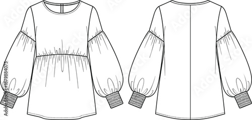 Women Long Lantern Sleeve Babydoll Blouse Technical Flat Sketch Template Featuring Empire Waist Smocked Cuffs And Round Neckline Fashion Illustration For Apparel Design Development