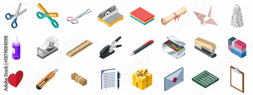 A comprehensive isometric collection of office, school, and craft supplies including scissors, paper, stapler, glue, clips, and writing instruments on a white background.
