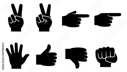 Simple line art hand gestures set featuring peace signs, pointing, open palm, thumbs up and down, and a fist for communication and interaction