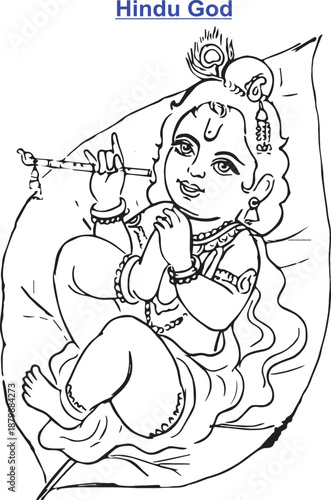 Line art depiction of deity playing flute radiating devotion and grace