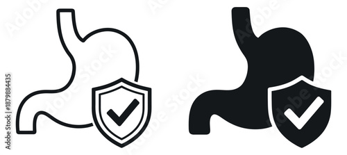 Line art and solid graphic human stomach set featuring a protection shield and checkmark for digestive health and medical care