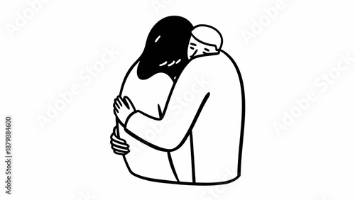 Illustration of a couple embracing tenderly, showing affection and love in a simple line art style.