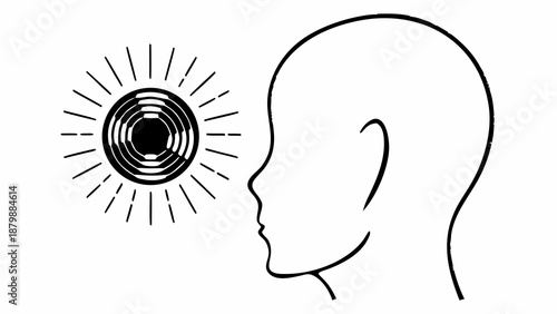 A person facing a spiral sound wave emission in a simple line art illustration