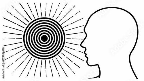 A person's head in profile with a spiral pattern emitting rays and lines surrounding it