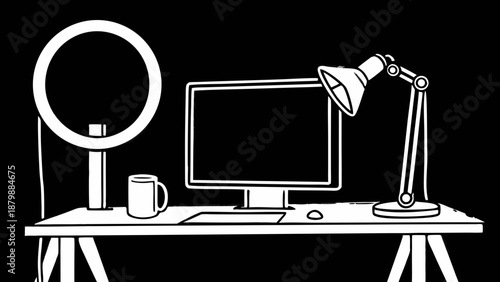 Modern workspace with computer, lamp, and ring light on desk viewed from the front