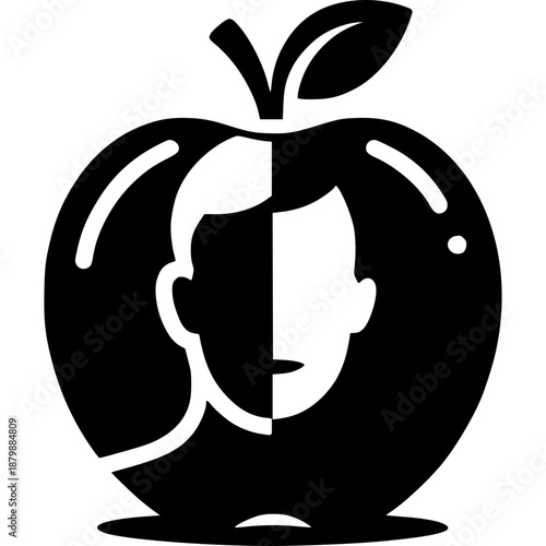 Black and white apple with human effect illustration on a dark background