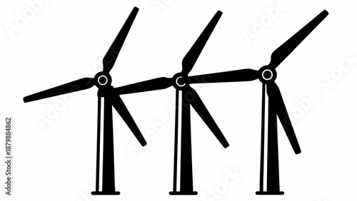 Three wind turbines standing in a row, side by side, generating renewable energy in a landscape view